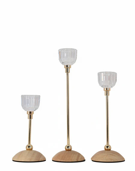 Aurora Crystal Gold Taper Candle Holders- Set of 3