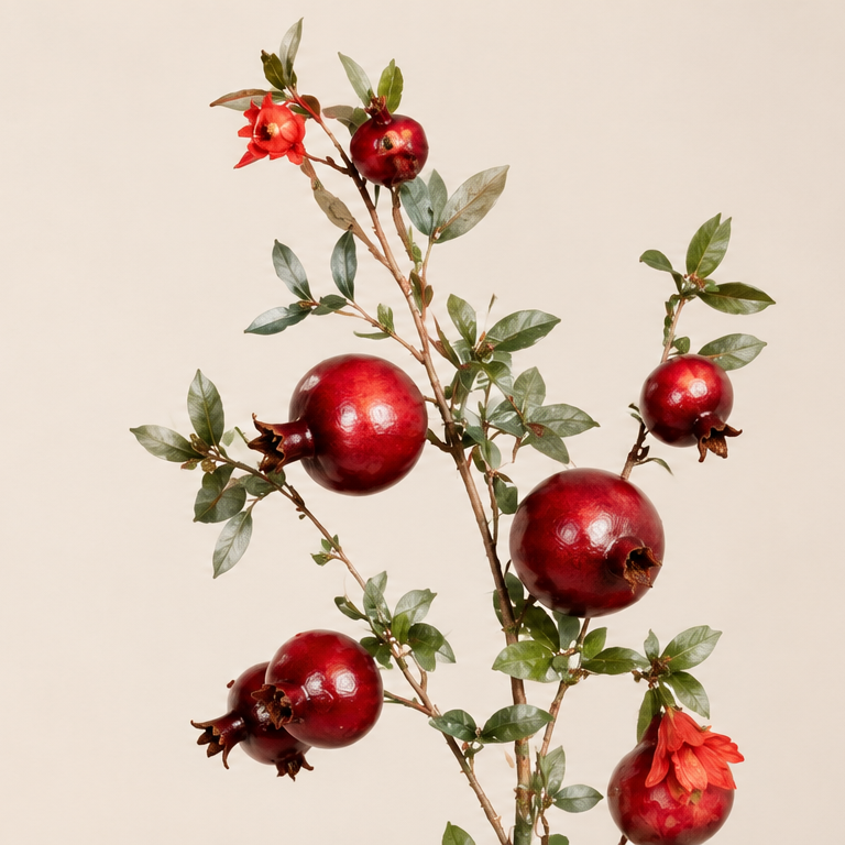 Pomegranate branch with red fruits on a beige background